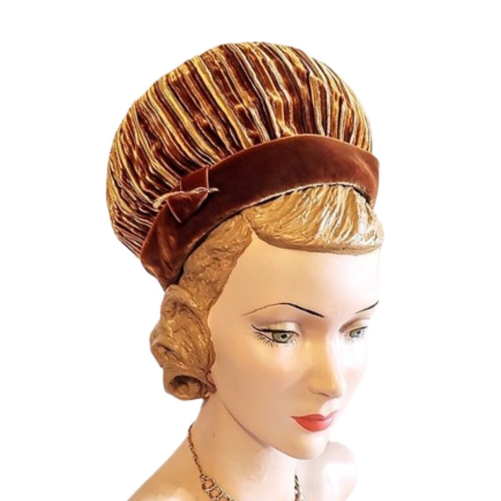 1960s Mod Vintage Designer Rust Velvet Pleated Big Bubble Style Hat Lilly Dache - Picture 2 of 7